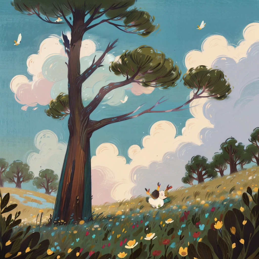 A charming 2D landscape drawn in crayon style. A clear blue sky with fluffy clouds drawn with soft lines. on the floor, a green meadow with rolling hills, decorated with simple brightly colored flowers. In the middle, a large tree with rounded leaves and a brown trunk, as if drawn by a . around the tree, includes adorable 2D animals, like a pair of rabbits with big ears, a deer with white spots, and colorful birds flying nearby. Everything should have a touch of hand-drawn, with irregular lines and colors that come out a little from the edges, imitating the effect of crayons on paper