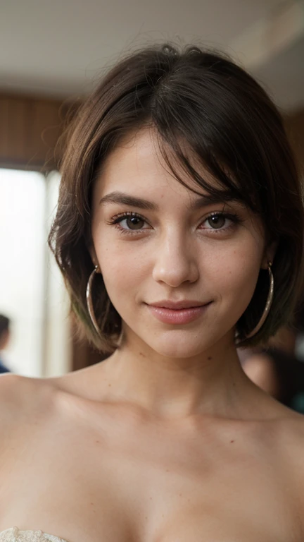1girls, Nur, green Hair , 18 years old , (masterpiece, Best quality), Intricate details, realistic, photorealistic, close-up of a woman , , flawless structure, silver earrings,, Best Quality, 8K, Masterpiece:1.3)), Focus: 1.2, Perfect Body Beauty: 1.4, Hips: 1.2, , High Detail Facial and Skin Texture, Thin Eyes, Double Eyelids, , Smile, short hair