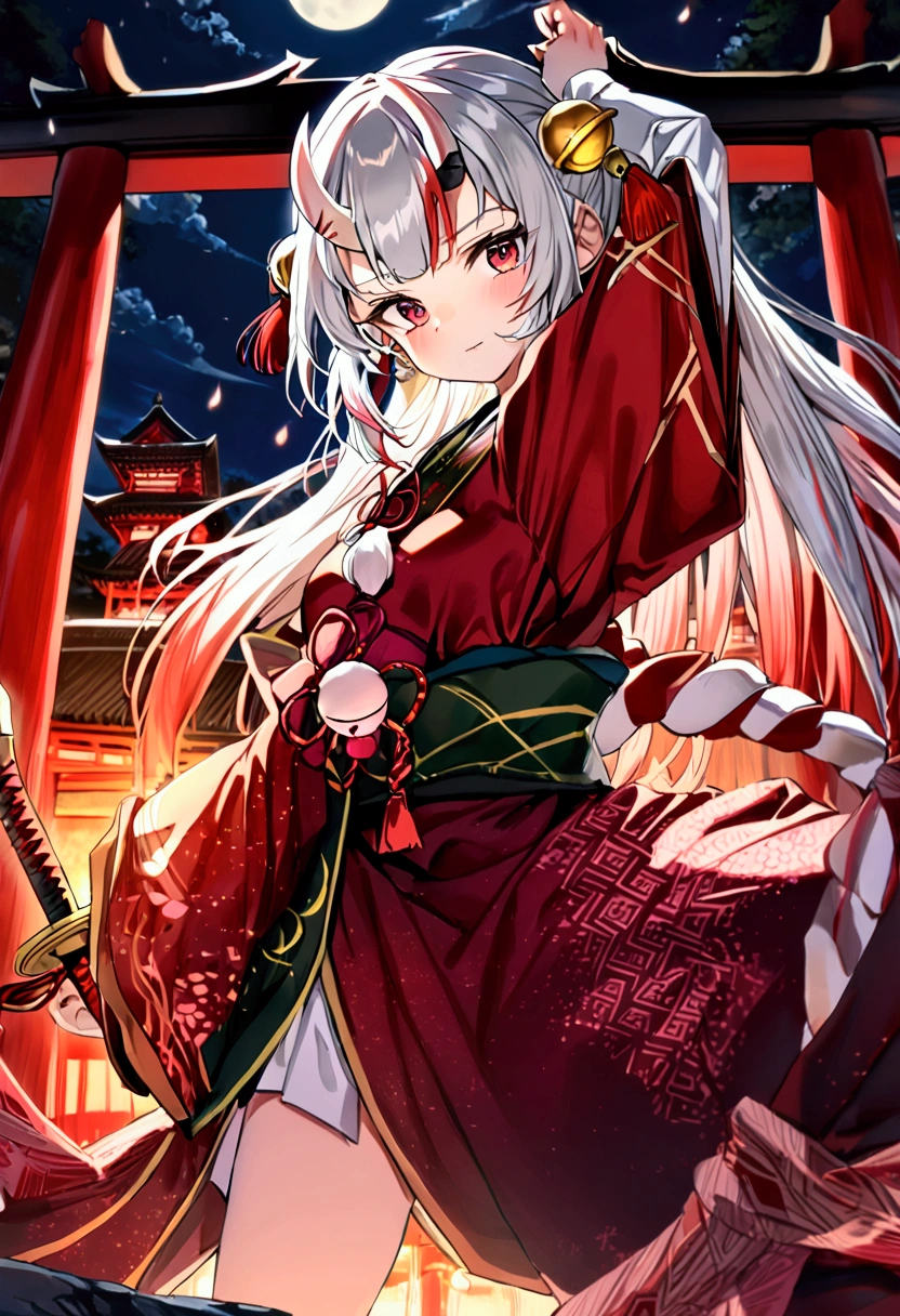 (masterpiece, Highest quality, High resolution,anime), ((Nakiri Ayame, Ho****ve, Gray Hair, horn, beautiful girl, Wearing a bell on his head)), kimono,Holding a sword,Dynamic pose,Shrine at night,The moon is out,Flashy light effects