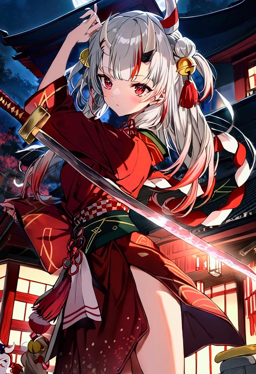 (masterpiece, Highest quality, High resolution,anime), ((Nakiri Ayame, Ho****ve, Gray Hair, horn, beautiful girl, Wearing a bell on his head)), kimono,Holding a sword,Dynamic pose,Shrine at night,The moon is out,Flashy light effects