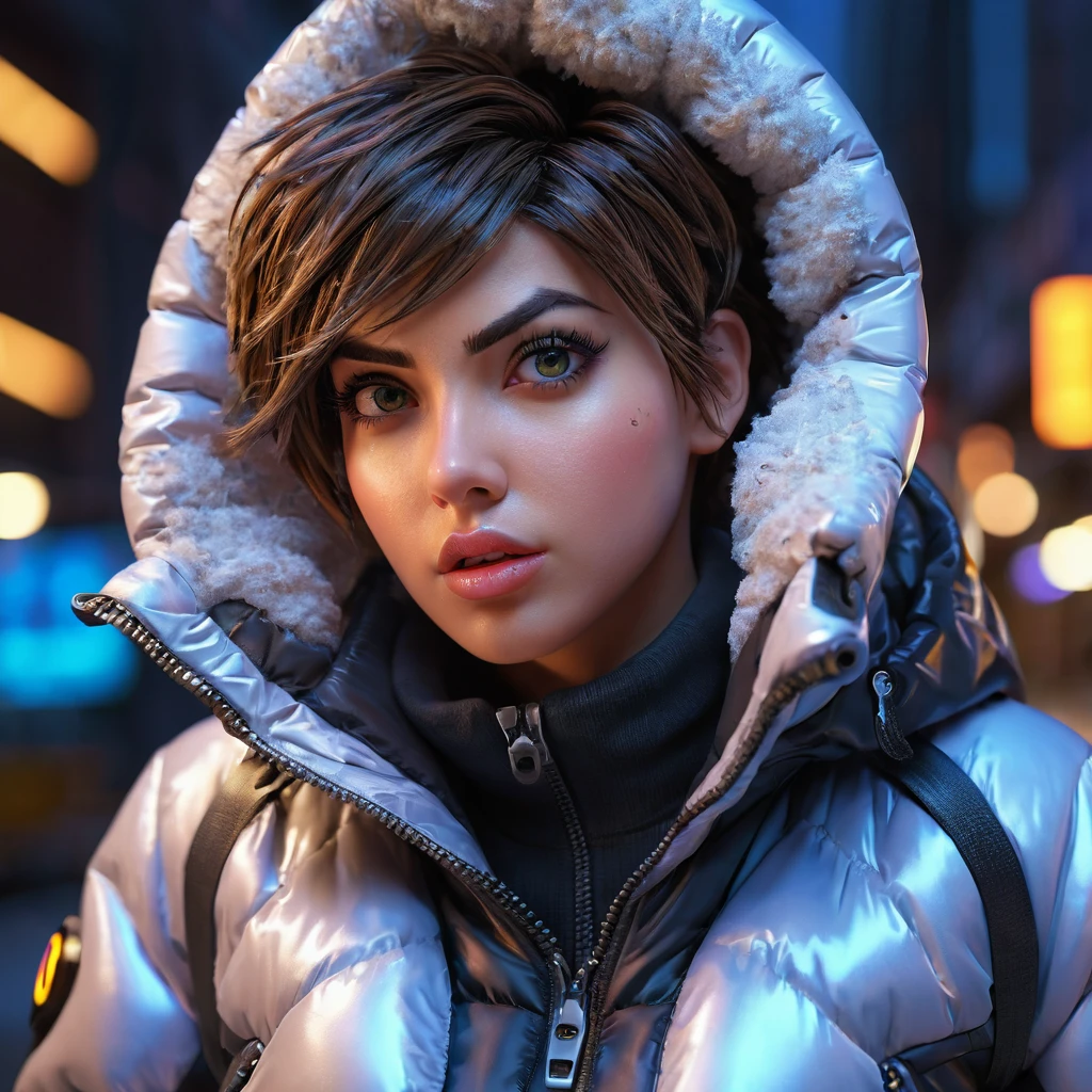 Tracer from Overwatch, trapped inside her fully zipped, super gleamy, overfilled, overinflated, thick, glossy puffer jacket, beautiful detailed eyes, beautiful detailed lips, extremely detailed eyes and face, long eyelashes, 8k, realistic lighting, volumetric lighting, cinematic lighting, dramatic lighting, dynamic pose, dramatic expression, neon cyberpunk style, intricate details, hyper-realistic, 3D rendered, highly detailed texture, glossy material, extreme realism, striking colors, vibrant colors, deep shadows, shiny legging