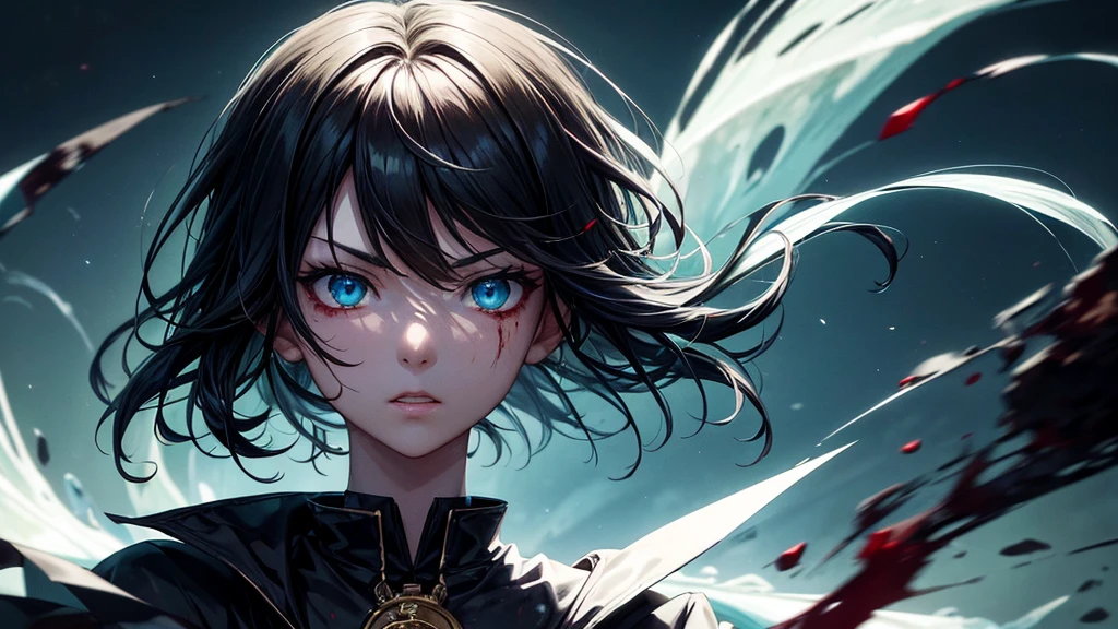 tomboy girl, handsome, short black hair, (masterpiece:1.2、highest quality), (Exquisite eyes: 1.2), (Detailed Background、Dark fantasy), (cute detailed face), High Contrast, (Best lighting、Very delicate and cool), ((Cinema Lighting) )), black coat with white dirty dress, blood splatter, colorful, Hyper Detail, Dramatic Light, Intricate details, serious face, moon behind (20 years old, 1 girl, solo, black short hair, messy hair, pony in left ,Sharp Face, green eyes, pony hair between the eyes, Dynamic Angle), (Blood splatter:1.4), Black light swirling around the character, Depth of written boundary, green light particles, Nightcore, black magician, Spectacular anime style, zerochan art, Anime Wallpaper, Burning, High quality anime art style, Key Anime Art