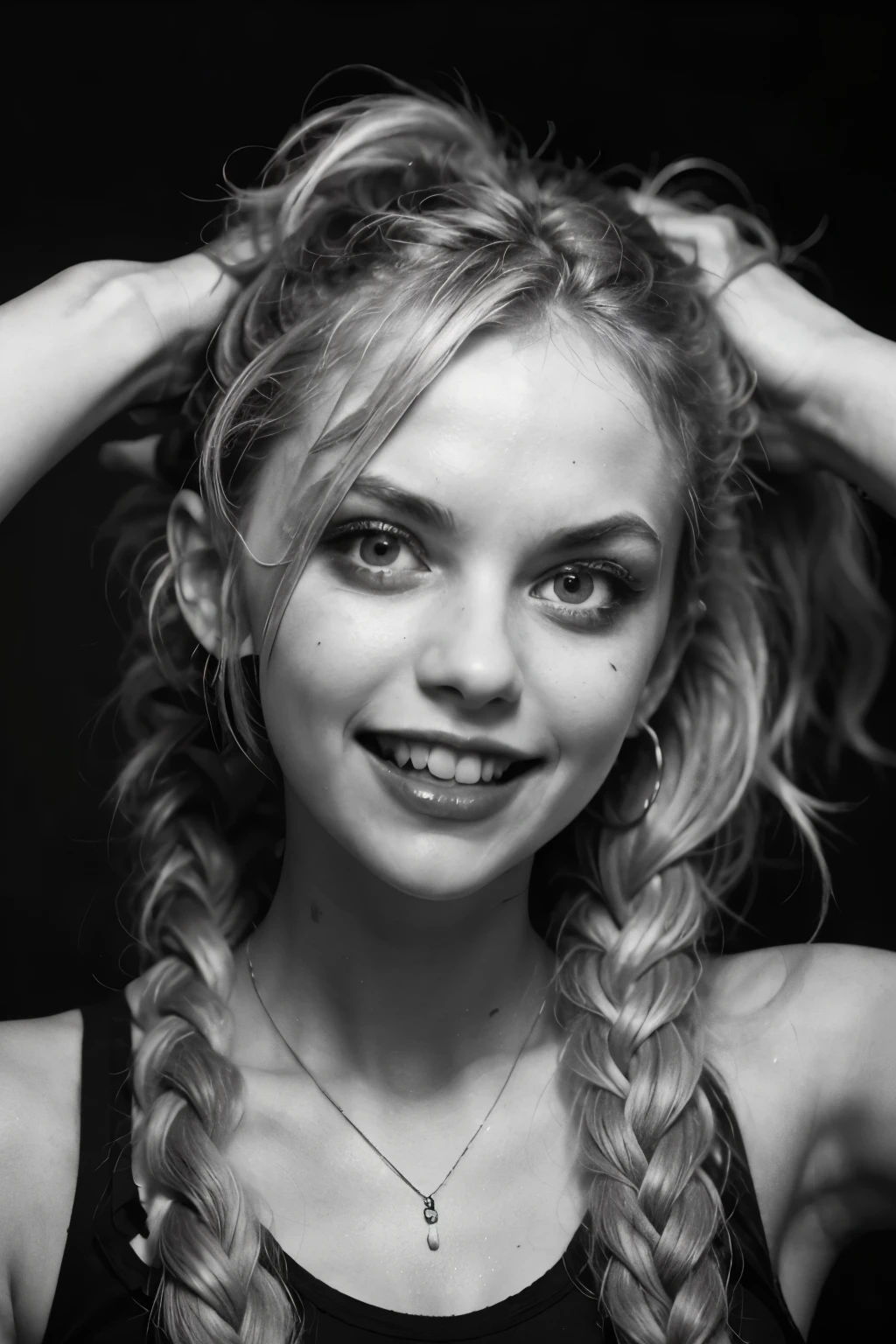 Hyper realistic super detailed , Young girl, 15 years old, Very detailed, (hyper realistic: 1.4), in dynamic pose, ((psycho face, smiling)), twin braids. ((Grunge Neon grafitti background, cinematic lighting)).
