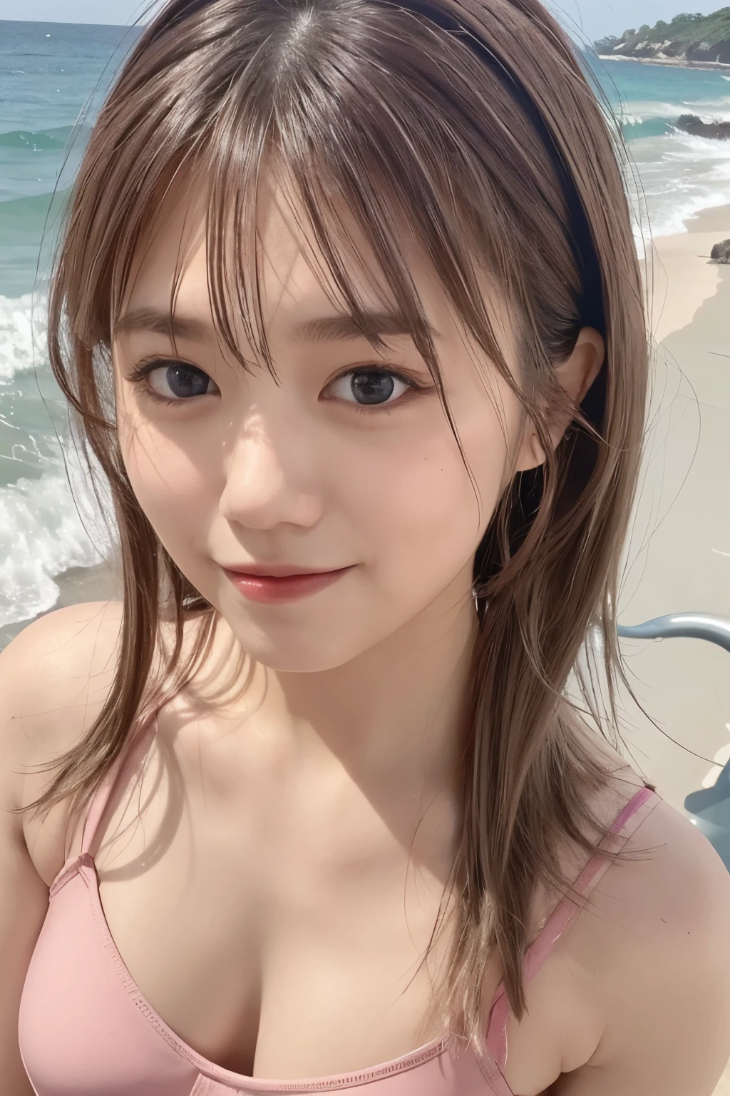 realistic, photogenic, full-body footage, with the sea in the background, wearing deep pink swim wear, medeum-length hair, hair color mixes bronde and brown, hair is blowing in the wind, hair is shaggy and dishevelled, very sunburned and tanned skin, medium build a little bit chubbily figure, exposed widely at chest of swim wear, no makeup, small mouth, small nose, smooth shaped jawline, glossy face, heavy flushed cheeks, big smile while open mouth, looks like having a great time, easing someone, detailed eyes, slanted eyebrows, detailed lips, photorealistic, highly detailed, 8k, best quality, masterpiece, vibrant colors, dramatic lighting, cinematic composition, digital art