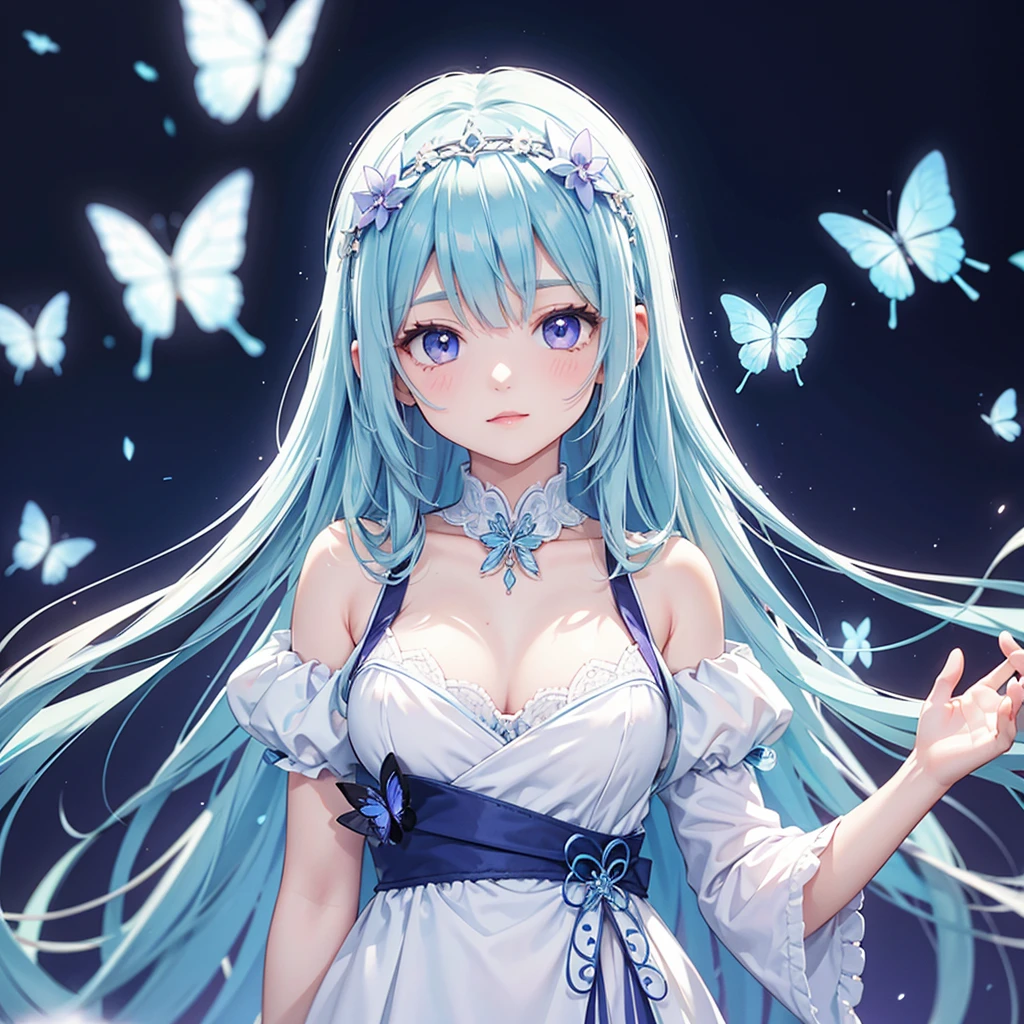 Digital illustration featuring an anime-style character with light blue hair and purple eyes. The character is dressed in a white and blue outfit with butterfly motifs, including a headpiece adorned with a butterfly. The background is a mix of dark and light shades with a butterfly design on the left side. The character is holding a glowing blue butterfly in their right hand. The overall style is fantasy-themed with a focus on ethereal and delicate elements. Cold personality. discreetly. headscarf