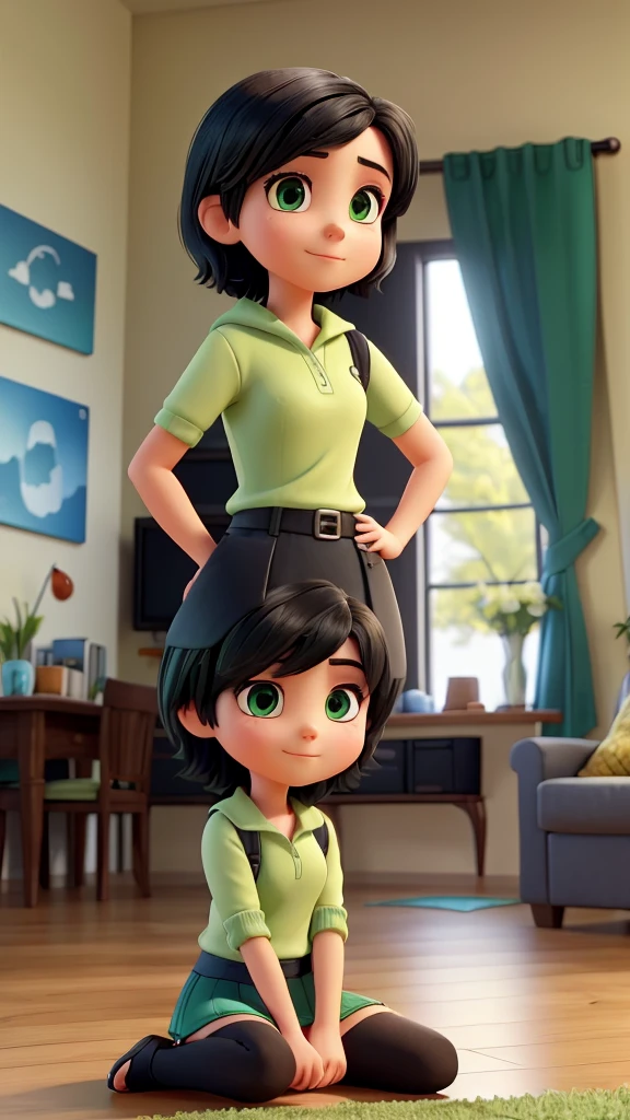 a young woman with short black hair. green eyes. She is sitting on the armchair in the living room and has her cell phone in her hands and looking at it. She wears a blue mini skirt and a black top. the weather is spring. she is happy.