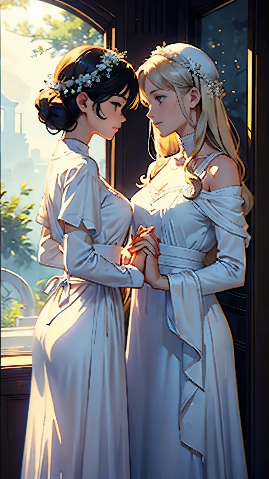 ((Two beautiful women hold hands and look at each other))、22 years old、ancient greek scene 、(Detailed depiction of a beautiful face)、Well-formed eyes and nose、Smiling Kindly、Classic hairstyles、Beautiful appearance、Detailed Description、(Ancient Greek Costume)、(White tunic)、greek architecture columns、greek pine、Movie-like scene、Cinematic Light、Soft Light、Ray Tracing、(Soft Focus)、(Nostalgia)、Classic atmosphere、Blur the background、(Crescent moon in the starry sky)、(Sargent-style watercolor)、(David Hamilton Style)、(Highest quality、High resolution、masterpiece)、4K Anime Art、