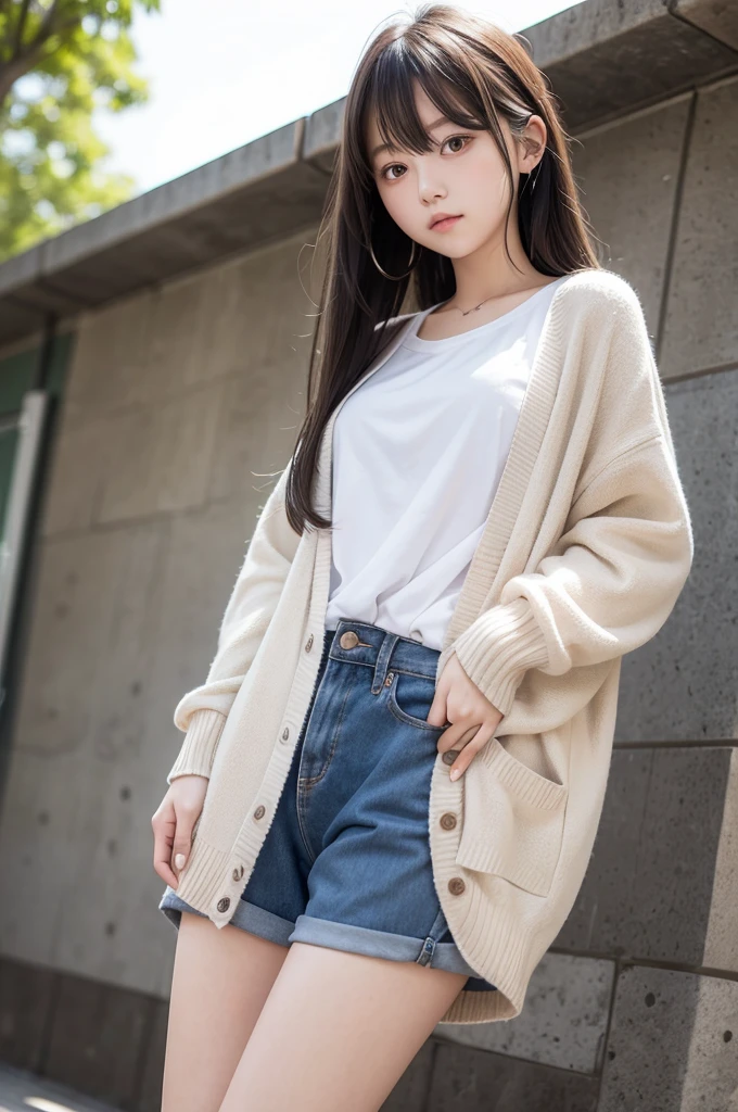 A shy and delicate high school girl in an oversized cardigan and short pants outfit。Straight super long hair。Amaenbo。