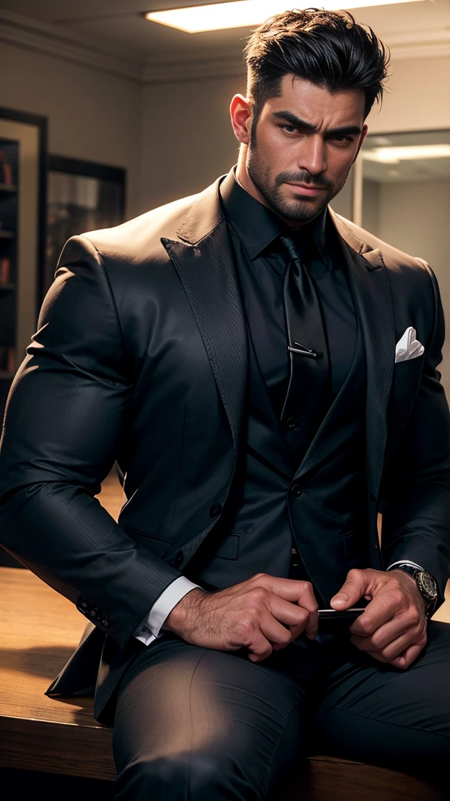 ,Far shot! Hairy chest muscles! Furry armpits！Someone is watching next to it. , sexy digital art, unbuttoned suit and tie sitting in a office, suit and tie, Rolex watch, Finger rings, wearing a suit and tie, wearing a suit and a tie, wearing suit and tie, wearing a shirt with a tie, wearing a business suit, wearing business suit, wearing black grey suit, wearing a stylish men's suit, wearing a suit, wearing a strict business suit, (8k, masterpiece, best quality, high resolution, Super detailed)elegant！Stylish background！！high-definition,8k,buzz cut！！！indian muscular,chesthair,Hairy chest muscles！shirtless,smirk, masterpiece, best quality, high resolution, detailed background,Strong indian body,Very,male,he is about 30 years old,Rugged and handsome looking,Muscle tissue,Excessive muscles,chest muscles!Angry detailed background, frown, best quality, masterpiece,（muscular：1.5）,（black hair：1.5 ）,（Body hair is black：1.5）,（full body portrait：5.5）,（skin glow：0.5） full body portrait！SLR camera:1.5, best quality:2, masterpiece:2, Atmospheric, epic, spotlight,reflection,emphasize,Very detailed, depth of field, sharp focus, Detailedtexture,lifelike,Fuji XT3, Quality shadow, Hollywood level visual effects, gritty realism, Amazingatmosphere,gloomy,Handsome, tall and with lots of chest hair, award winning poster, Highly detailed HD, lingering,(dirty smile), coffee table , wine, loughing, (( look each other, )) , mature male muscular,handsome male！