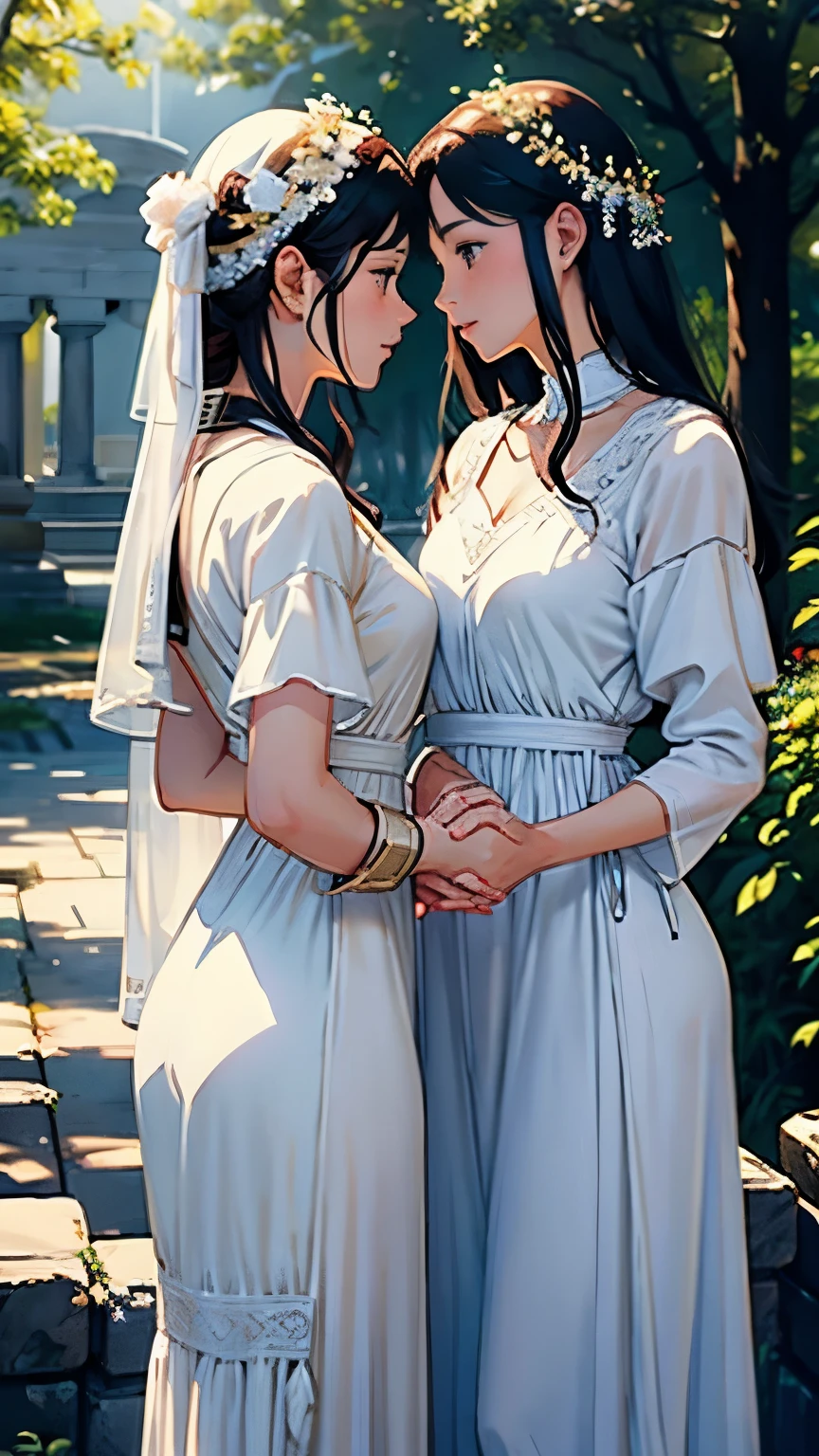 ((Two beautiful women hold hands and look at each other))、22 years old、ancient greek scene 、(Detailed depiction of a beautiful face)、Well-formed eyes and nose、Smiling Kindly、Classic hairstyles、Beautiful appearance、Detailed Description、(Ancient Greek Costume)、(White tunic)、greek architecture columns、greek pine、Movie-like scene、Cinematic Light、Soft Light、Ray Tracing、(Soft Focus)、(Nostalgia)、Classic atmosphere、Blur the background、(Crescent moon in the starry sky)、(Sargent-style watercolor)、(David Hamilton Style)、(Highest quality、High resolution、masterpiece)、4K Anime Art、