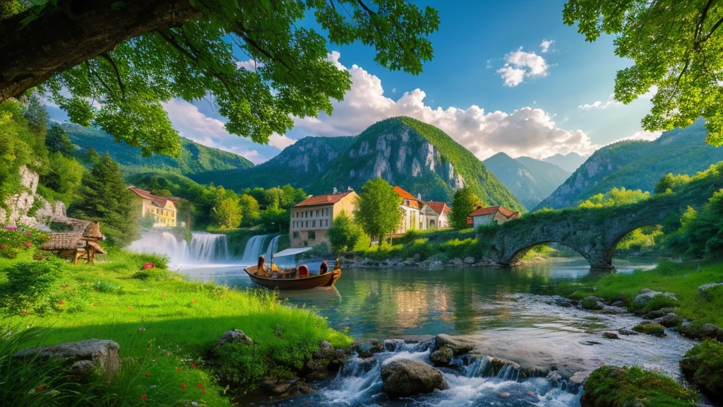Ancient Croatian village, mystical nature, Rivers, Mountains and forests, waterfall, cloud, Photorealistic photos, It's not 8k. Aerial view.