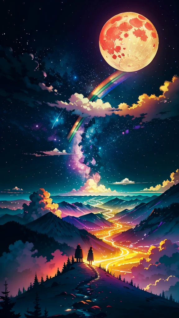 vast landscape photos, (A view of the sky and the wilderness below), Little white bear stands in the flower field and looks up, (full moon: 1.2), (meteor: 0.9), (nebula: 1.3), a distant mountain, tree breaking art, (Warm light source: 1.2), (firefly: 1.2), lamp, Purple and Orange, intricate details, Volume LightingBREAK (masterpiece: 1.2), (best quality ), 4K, Super detailed, (Dynamic configuration: 1.4), Highly detailed and colorful details (Rainbow: 1.2), (閃閃發光的lamp光, mood lighting), Dreamy, magic, (alone: 1.2)