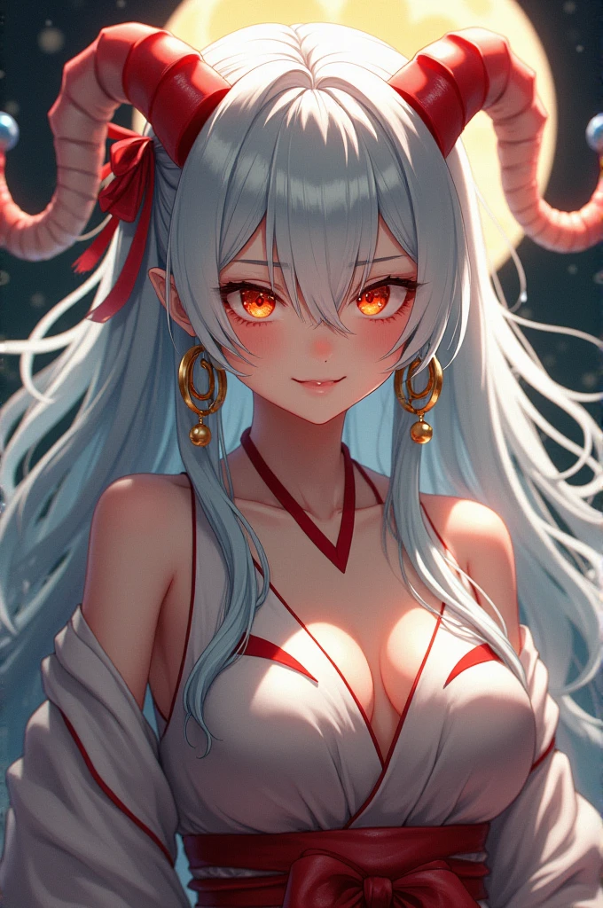 ultra realistic 8k cg, masterpiece, ((ultra detailed background, delicate pattern, intricate detail)), (highly detailed, fine details), best quality, (photorealistic:1.4),beautiful lighting, absurdres, RAW photo, film grain, ((Big breasts, Masculine girl)), Yamato, long hair, 1girl, horns, white hair, solo, oni, red horns, curled horns, hair ornament, (multicolored horns), jewelry, earrings, japanese clothes, kimono, hair stick, sleeveless, bare shoulders, aqua hair, sidelocks, hoop earrings, hakama, smile, wide smile, ((orange eyes, Masculine girl, Big breasts)), (complex detailed background, barren land, moon, portrait, close-up),