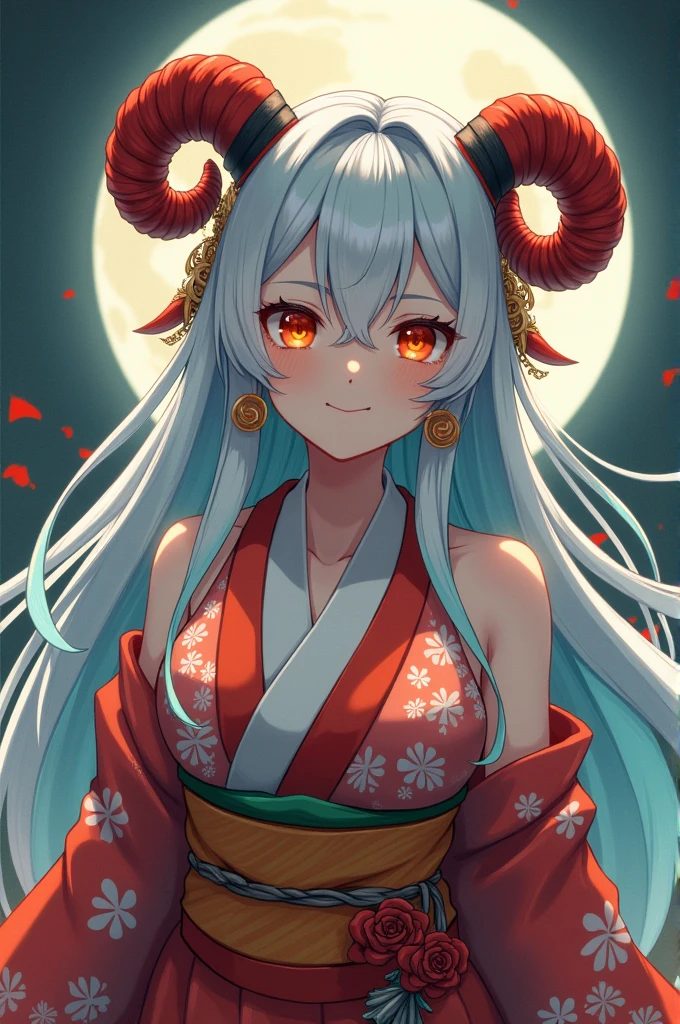 ultra realistic 8k cg, masterpiece, ((ultra detailed background, delicate pattern, intricate detail)), (highly detailed, fine details), best quality, (photorealistic:1.4),beautiful lighting, absurdres, RAW photo, film grain, ((Big breasts, Masculine girl)), Yamato, long hair, 1girl, horns, white hair, solo, oni, red horns, curled horns, hair ornament, (multicolored horns), jewelry, earrings, japanese clothes, kimono, hair stick, sleeveless, bare shoulders, aqua hair, sidelocks, hoop earrings, hakama, smile, wide smile, ((orange eyes, Masculine girl, Big breasts)), (complex detailed background, barren land, moon, portrait, close-up),