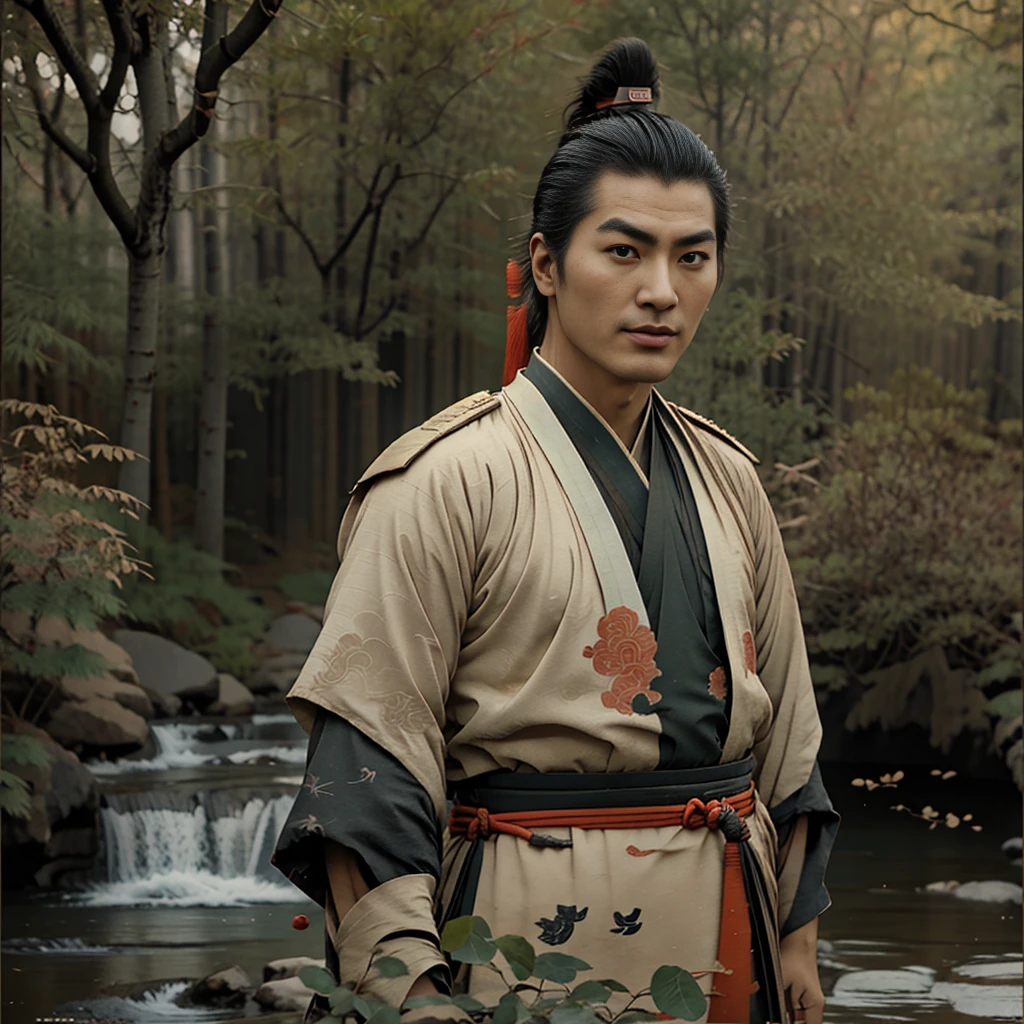 A period Chinese movie actor with his hair in a traditional Chinese style, his hair pulled back, his handsome face proportional, with big eyes, beautiful eyebrows, and a prominent nose stood naked in the forest by a stream on a beautiful sunny day.