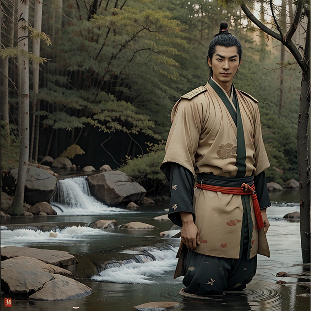 A period Chinese movie actor with his hair in a traditional Chinese style, his hair pulled back, his handsome face proportional, with big eyes, beautiful eyebrows, and a prominent nose stood naked in the forest by a stream on a beautiful sunny day.