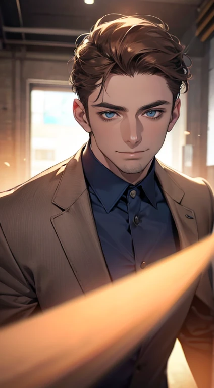(best quality,4k,8k,highres,masterpiece:1.2),ultra-detailed,(realistic,photorealistic,photo-realistic:1.37),1 man,31 years old,mature man,very handsome,without expression,smile,short grey brown hair,blue eyes,penetrating gaze,perfect face without errors,imposing posture,businessman,office background,cinematic lighting,hdr image