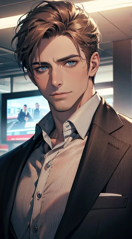 (best quality,4k,8k,highres,masterpiece:1.2),ultra-detailed,(realistic,photorealistic,photo-realistic:1.37),1 man,31 years old,mature man,very handsome,without expression,smile,short grey brown hair,blue eyes,penetrating gaze,perfect face without errors,imposing posture,businessman,office background,cinematic lighting,hdr image