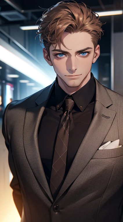 (best quality,4k,8k,highres,masterpiece:1.2),ultra-detailed,(realistic,photorealistic,photo-realistic:1.37),1 man,31 years old,mature man,very handsome,without expression,smile,short grey brown hair,blue eyes,penetrating gaze,perfect face without errors,imposing posture,businessman,office background,cinematic lighting,hdr image
