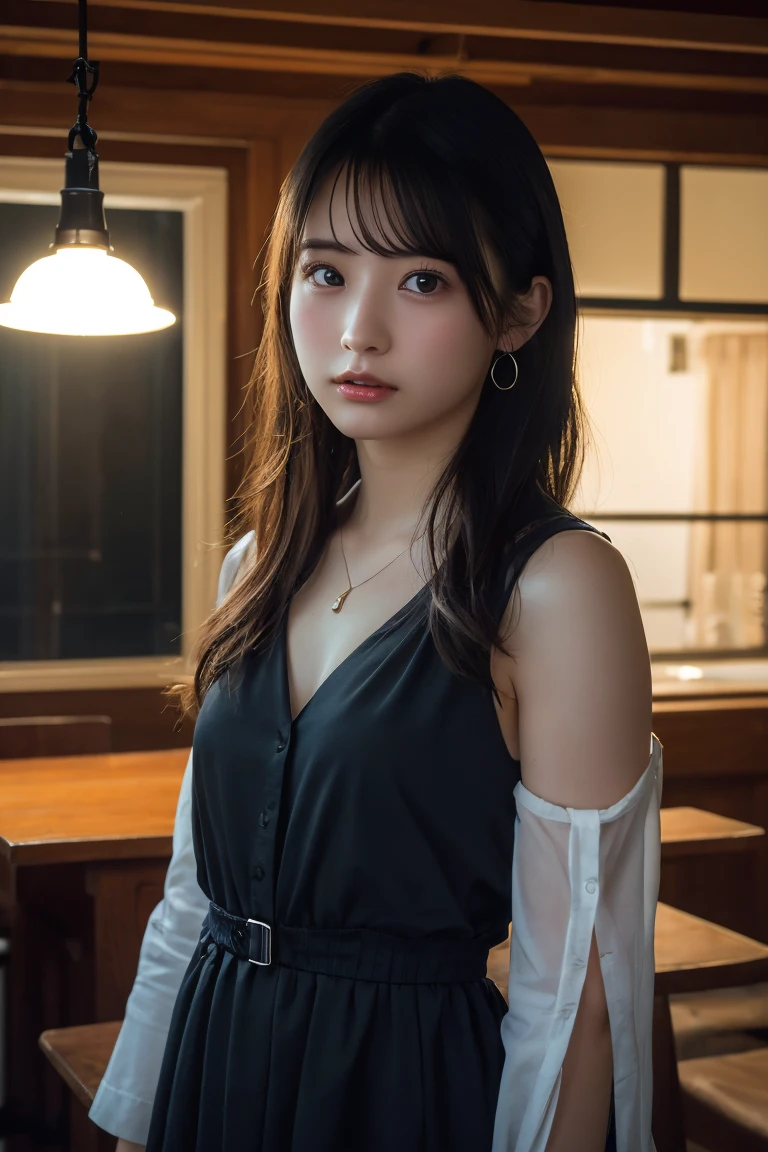 (Highest quality:1.4)，(masterpiece:1.4)，(Realistic:1.4)，(Realistic:1.2)，(超High resolution， RAW Photos:1.4)，(High resolution， Ultra-detailed:1.2)，(8k:1.2)，View your viewers，Cinematic photography，One girl，skeletally correct，Black-haired woman，Woman in her early 20s，(Small earrings，neckレス，Black dress，Ｖneck，No sleeve)，（Western-style building interior，Dimly lit room，The lamplight shines on my cheeks）
