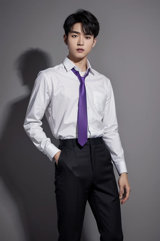 solo , 1man , thai man Short hair , white shirt with collar , purple necktie , black Long pants , Standing photograph from the knees up