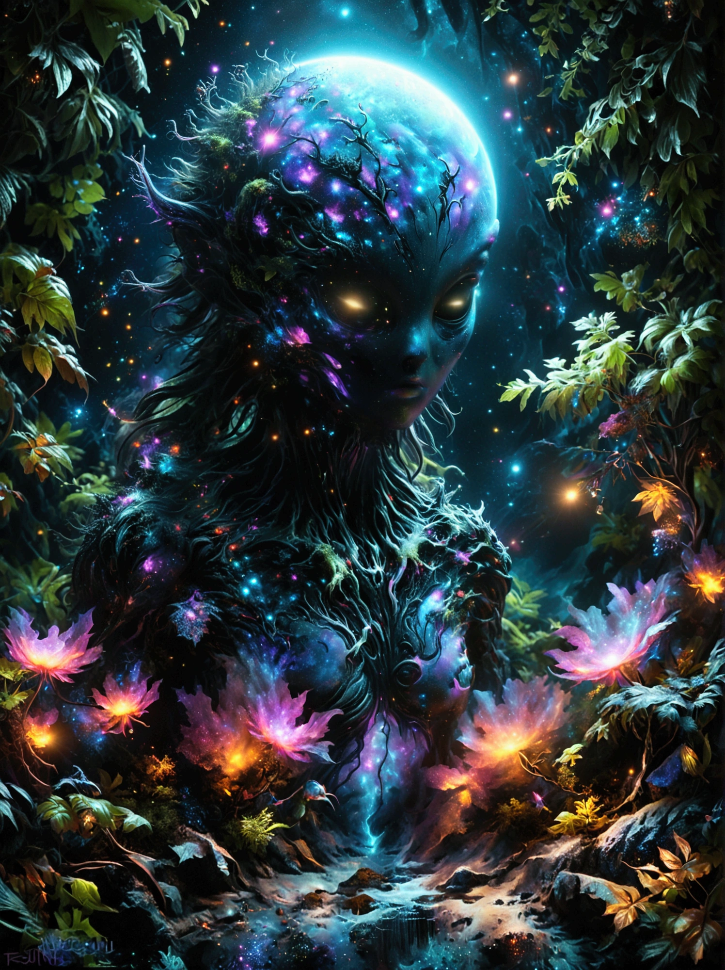 （Best quality，8k，high resolution，masterpiece：1.2），Super detailed，alien forest，harsh environment，(((Night，恐怖的外星Night，Black Light Art))), An extraterrestrial being from a distant galaxy, displaying impressive supernatural abilities, is silently observing human activities. This entity, shrouded in an aura of mystery and power, emanates glowing energy and distinctly non-human features. Its keen eyes are scanning the globe, absorbing the intricacies of human culture and life. The scene is set against the vast backdrop of the cosmos, with the Earth illuminated in all its beauty and diversity. This alien, unlike any earthly life form, symbolizes a paradox of being an outsider yet so deeply engrossed in human life.Fantasy landscape，Dark depressing colors，Fluorescent atmosphere，异想天开的Alien Creatures，otherworldly plants，Horrible scenery，Mysterious aura，Alien Creatures，Mesmerizing charm，Ethereal atmosphere，Surreal elements，Cosmic Energy，Fantasy realm，Dreamlike environment，Surreal creatures，Horror Forest，Imaginary worlds，Amazing alien terrain，Mood lighting，Vibrant Leaves，otherworldly glow，captivating details，Complex texture，Vibrant colors