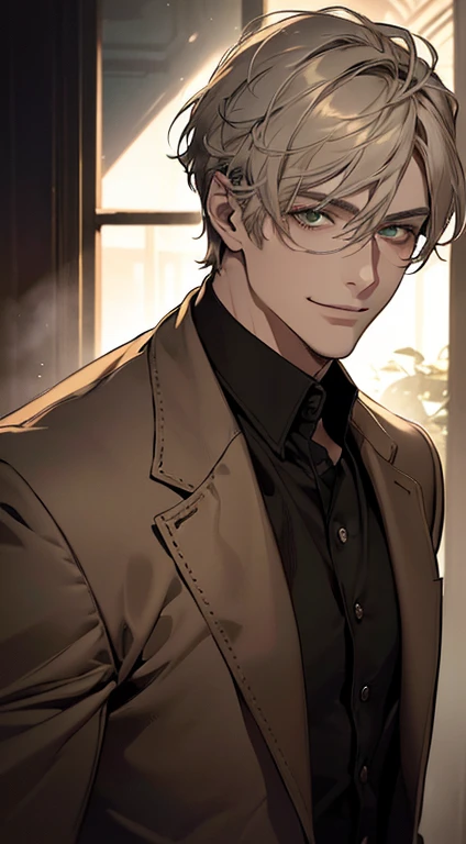 ((a mature man, very handsome, smile in love, short grey golden hair, green eyes, perfect face without errors)), ((buttoning the jacket, CEO)), (best quality, masterpiece, 8K, photorealistic, cinematic lighting, hdr image, ultra detailed, beautiful image), (portrait, detailed facial features, intricate textures, realistic skin tones, highly detailed, ultra-realistic), (warm lighting, soft shadows, dramatic lighting), (muted color palette, rich tones), (professional photography, high resolution, studio lighting)