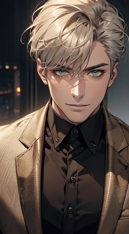 ((a mature man, very handsome, smile in love, short grey golden hair, green eyes, perfect face without errors)), ((buttoning the jacket, CEO)), (best quality, masterpiece, 8K, photorealistic, cinematic lighting, hdr image, ultra detailed, beautiful image), (portrait, detailed facial features, intricate textures, realistic skin tones, highly detailed, ultra-realistic), (warm lighting, soft shadows, dramatic lighting), (muted color palette, rich tones), (professional photography, high resolution, studio lighting)