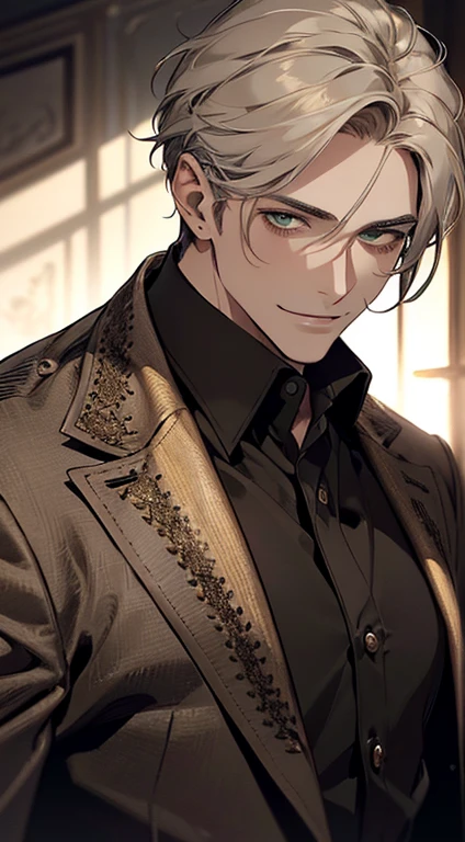 ((a mature man, very handsome, smile in love, short grey golden hair, green eyes, perfect face without errors)), ((buttoning the jacket, CEO)), (best quality, masterpiece, 8K, photorealistic, cinematic lighting, hdr image, ultra detailed, beautiful image), (portrait, detailed facial features, intricate textures, realistic skin tones, highly detailed, ultra-realistic), (warm lighting, soft shadows, dramatic lighting), (muted color palette, rich tones), (professional photography, high resolution, studio lighting)