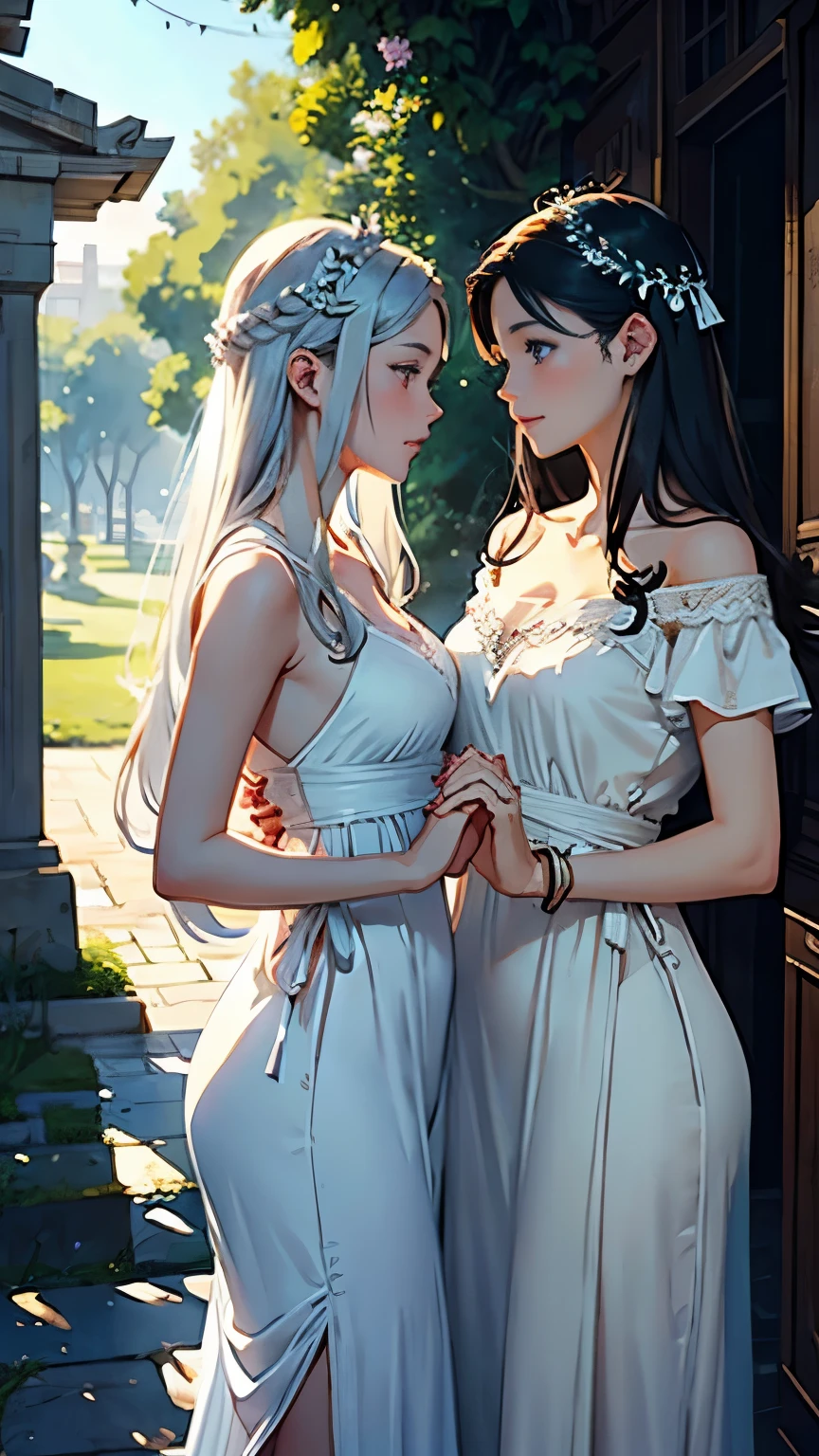 ((Two beautiful women hold hands and look at each other))、22 years old、ancient greek scene 、(Detailed depiction of a beautiful face)、Well-formed eyes and nose、Smiling Kindly、Classic hairstyles、Beautiful appearance、Detailed Description、(Ancient Greek Costume)、(White tunic)、greek architecture columns、greek pine、Movie-like scene、Cinematic Light、Soft Light、Ray Tracing、(Soft Focus)、(Nostalgia)、Classic atmosphere、Blur the background、(Crescent moon in the starry sky)、(Sargent-style watercolor)、(David Hamilton Style)、(Highest quality、High resolution、masterpiece)、4K Anime Art、