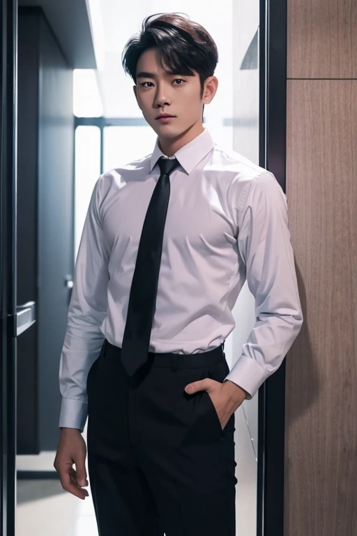solo , 1man , thai man Short hair , white shirt with collar , purple necktie , black Long pants , Standing photograph from the knees up