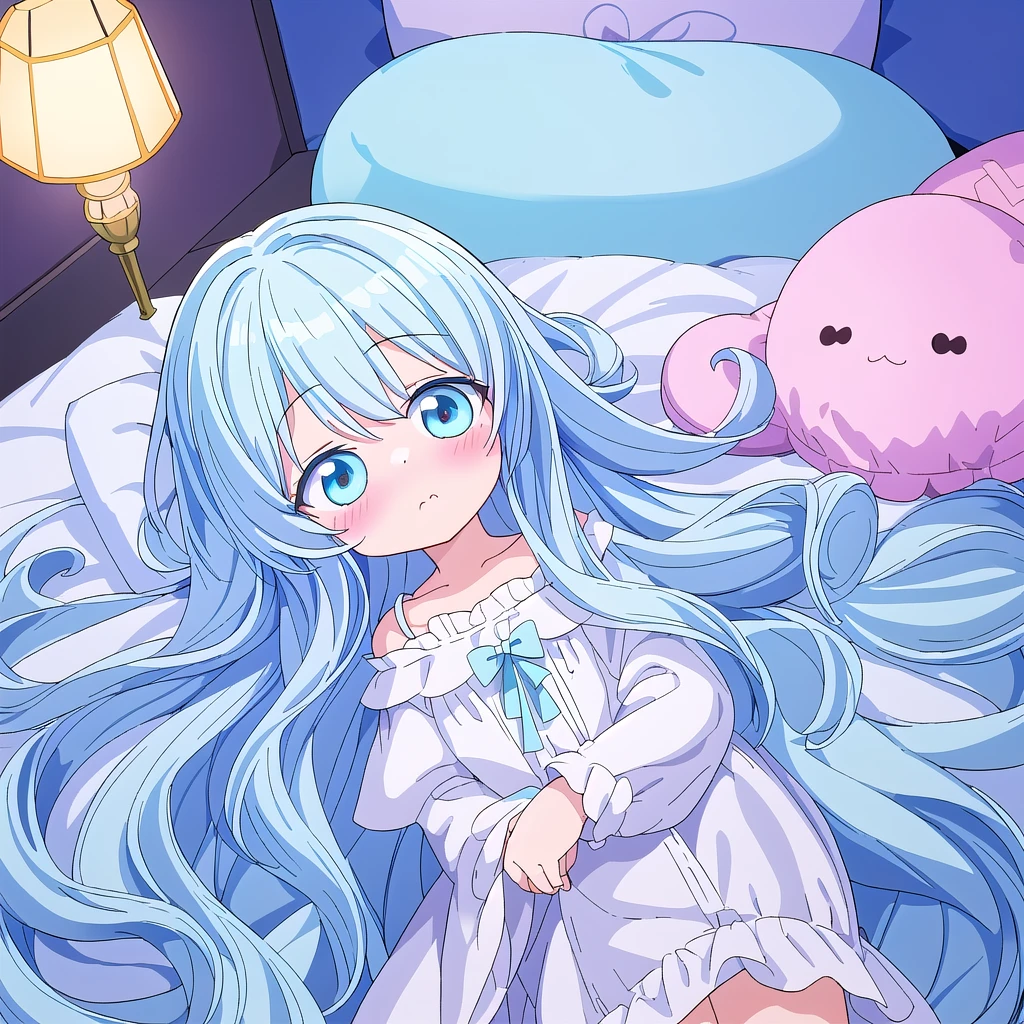 solo,, masterpiece, best quality, extremely detailed, (illustration, official art:1.1), 1 girl ,(((( light blue long hair)))), ,(((( light blue long hair)))),light blue hair, , long hair ((blush)) , cute face, big eyes,One girl, fluffy、Loose、A heartwarming world、masterpiece, Highest quality,Super detailed, One girl, From above,Little,,Sleep,,Animal costumes,Sleeping on the bed、pastel colour、cute、