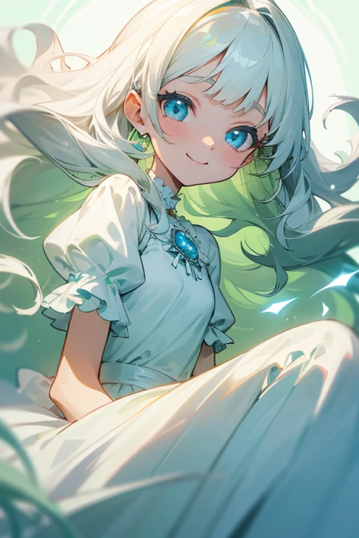 Anime Girls、White Hair、Hair with a light yellow-green inner color、With bangs、Wavy long hair、Sparkling, light blue eyes、Eyes with jewel-like brilliance、Big eyes、Smiling Face、Small Nose、Droopy eyes、Kind Face、White stylish one piece、Keep clothing decorations minimal、Frilly dress、A lively atmosphere、The background is whitish、She is in her late teens