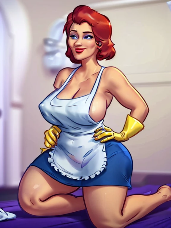 dextersmom, linda milf, Floor cleaning, ((on his knees)), short and messy redhead, kind smile, ((red lip gloss)), large blue eyes,((long eyelashes)), ((Ruddy face)), ((Alone wearing a white apron with a completely naked body.)), perfectbody, busty, ((Waist slender)), perfect legs, ((thick-thighs)), perfect big ass, ((yellow gloves)), details Intricate, work of art, best qualityer, ultra HD, 8k, ((plain background:1.3)),