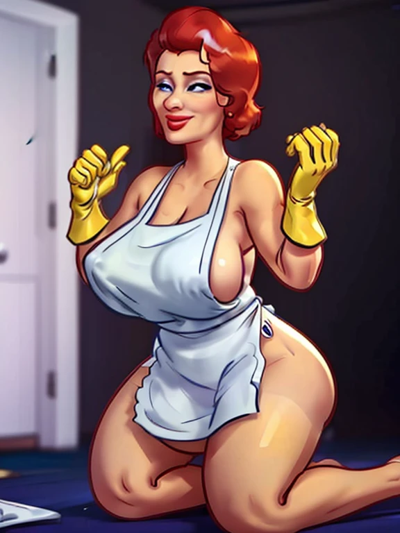 dextersmom, linda milf, Floor cleaning, ((on his knees)), short and messy redhead, kind smile, ((red lip gloss)), large blue eyes,((long eyelashes)), ((Ruddy face)), ((Alone wearing a white apron with a completely naked body.)), perfectbody, busty, ((Waist slender)), perfect legs, ((thick-thighs)), perfect big ass, ((yellow gloves)), details Intricate, work of art, best qualityer, ultra HD, 8k, ((plain  background:1.3)),