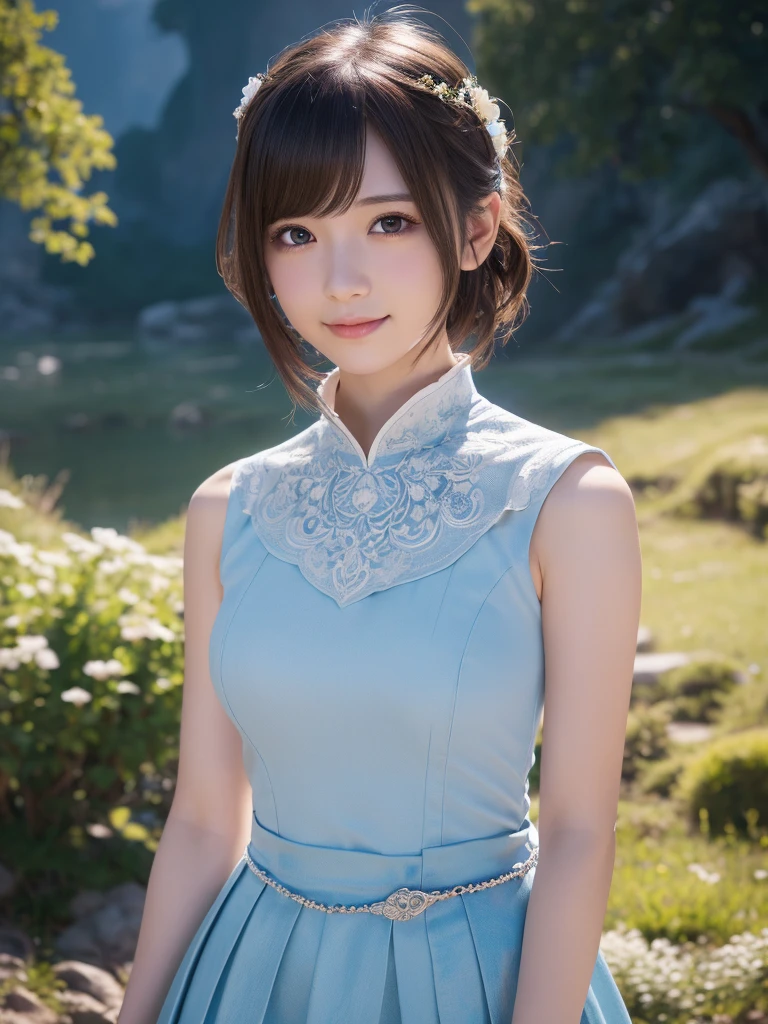 head shot,beautiful detailed eyes, droppy eyes,beautiful detailed lips, extremely detailed eyes and face, long eyelashes, 1japanese girl, fantasy character, (Final Fantasy, yuuna),smile,short hair,elegant white dress,break, blue long skirt,break,magical girl, highly detailed, fantasy landscape, dramatic lighting, glowing effects, mist, intricate details, volumetric lighting, cinematic composition, hyper realistic, 8k, best quality, masterpiece, photorealistic,Highres fix