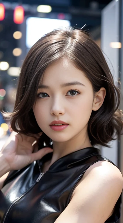 Highest quality、masterpiece:1.2、(Realistic、Realistic:1.37)、One Girl、cute、Cityscape、night、rain、Wet、Professional Lighting、Photon Mapping、Radio City、Physically Based Rendering、Gradient brunette hair、Short Curly Hair、good looking、White ball set、Excellent image quality、High resolution、1080P、(Clear Face)、(Detailed face description)、(Detailed hand description)、(Masseter region)、(Exquisite CGI)、 Extreme light and shadow、My hair is messy、masterpiece、Rich details、(Exquisite facial features)、(Best image quality)、(masterpiece)、(Eye on the details)、Looking forward to meeting you、Delicate clavicle、Leather Belt、((Black leather dress))、