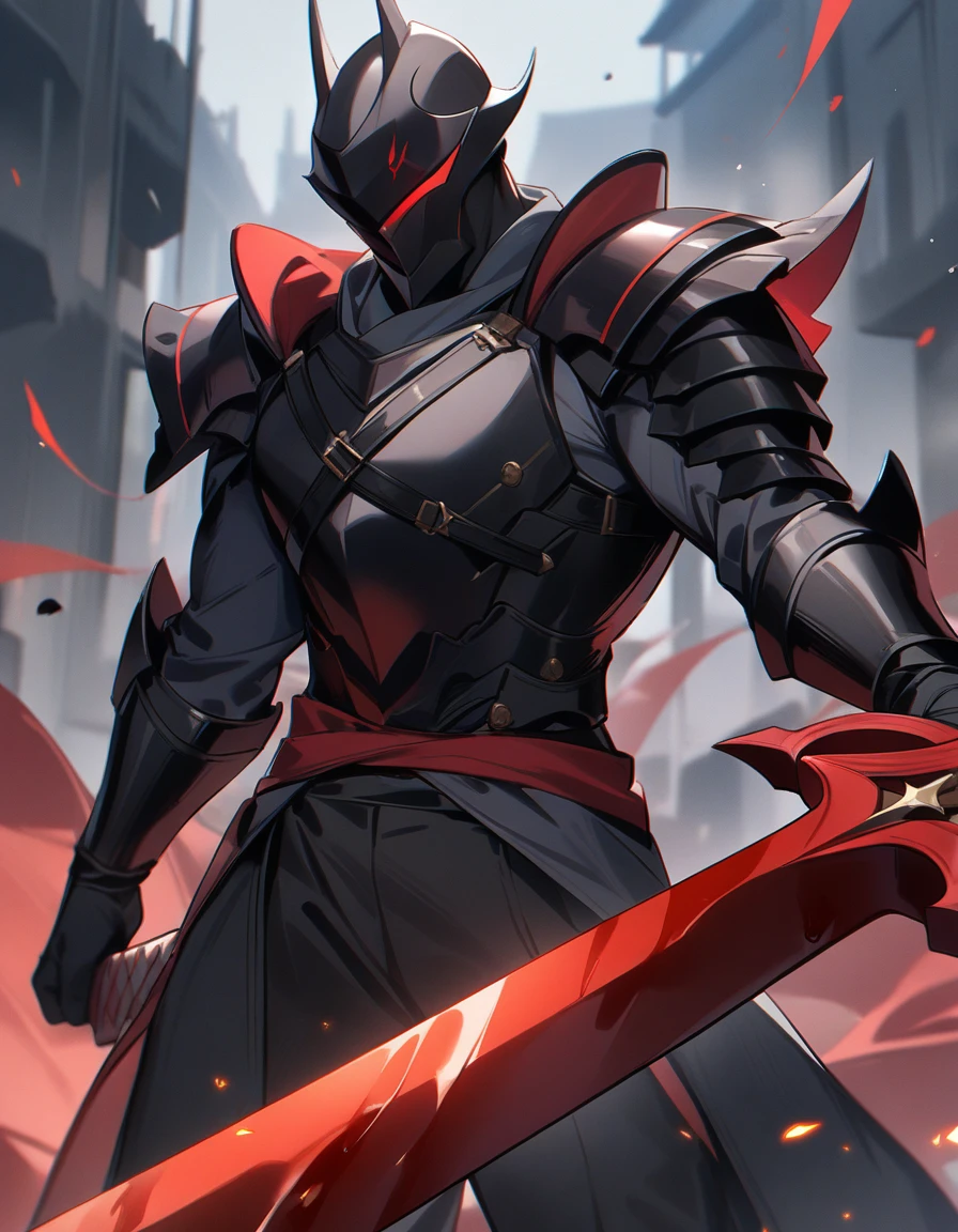 1 boy, masculine, Swordsman, Blood Sword ,, masterpiece, best quality, Very aesthetically pleasing, strong black armor, Wears a closed helmet
