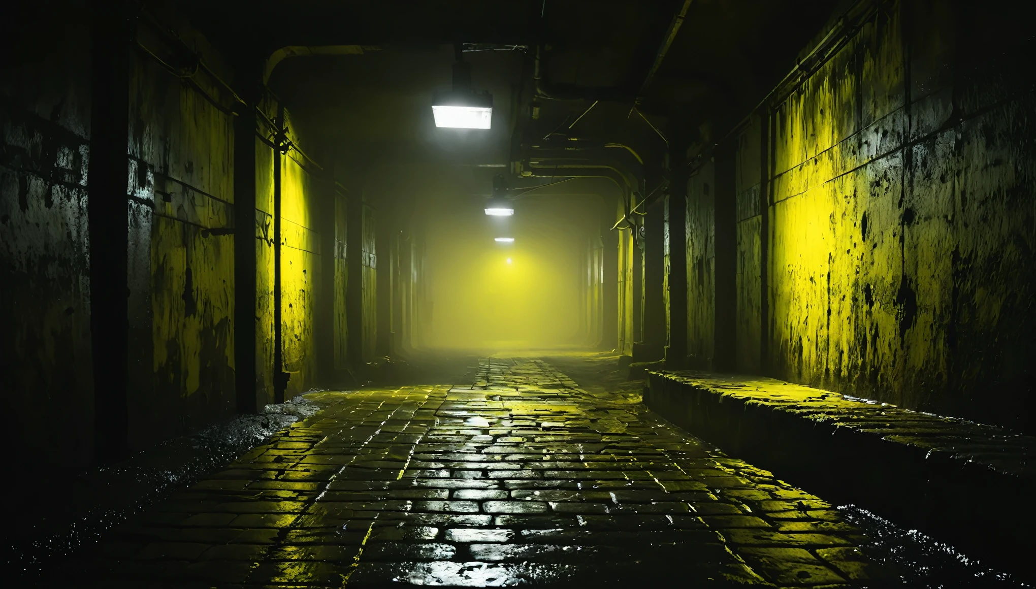 dark and mysterious, Smell of sewer and rotten metal gassy yellow glares..., volumetric lighting,dimensional 3D illumination, dark shadows and fog, blurred, neo-expressionism