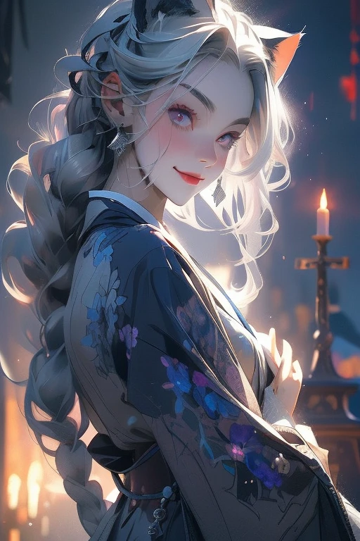 Perfect face. Perfect smile. A young silver hair woman with violet eyes and silver cat ears and a fluffy silver cat tail wearing a Gothic kimono is kissing a tombstone stone in a cemetery at night with a big smile