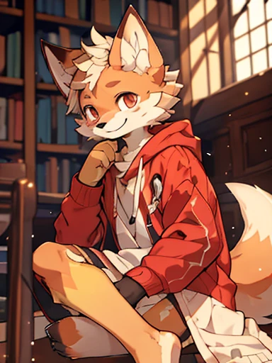(Best image quality),(masterpiece),(((The only person))),(Very detailed),(Male Fox:1.5), (Yellow skin:1.3), hairy,(fur:1.3),((Red pupil)) ,(ear),(hairy 动物 ears),((Wear a white sweatshirt),In the library,Smile,Natural Lighting,Delicate face,Facial details,character focus,Detailed clothes,Depth of Field,Perfect lighting,Light Particles,Be focused,Light Particles,,(whole body),Barefoot,Sitting on the steps