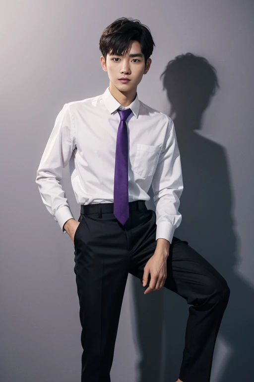 solo , 1man , thai man Short hair , white shirt with collar , purple necktie , black Long pants , Standing photograph from the knees up