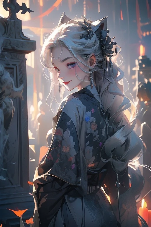Perfect face. Perfect smile. A young silver hair woman with violet eyes and silver cat ears and a fluffy silver cat tail wearing a Gothic kimono is kissing a tombstone stone in a cemetery at night with a big smile