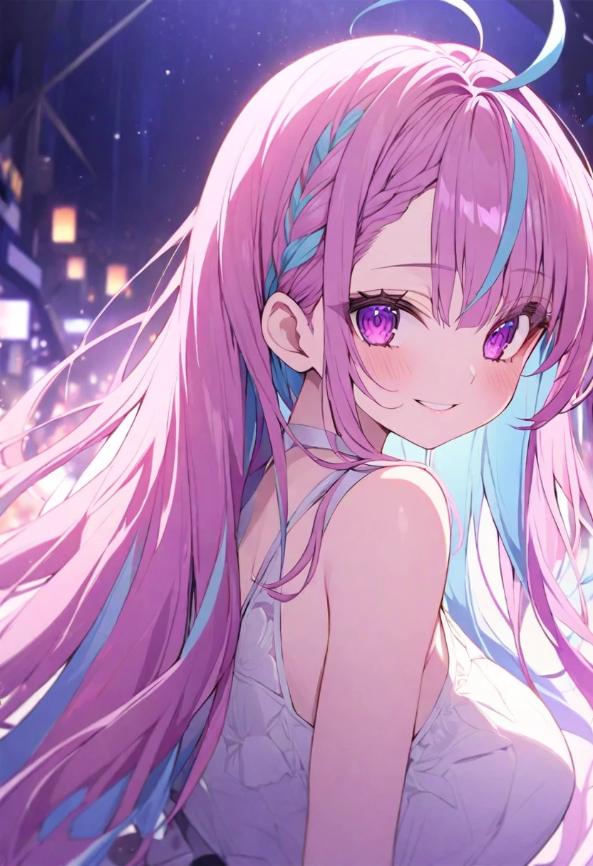 (muste piece), (best quality), (score_9, score_8_up, score_7_up), very detailed eyes, expressive eyes, perfect face, very detailed face, highly detailed face, beautiful girl, 8K, beautiful girl, white background, delicate and beautiful face and eyes, dark intense shadow, Ultra-high resolution, Movie Lighting, (Fuji Color: 1.2) portrait,
1 girl, vtuber style, cool girl, hololive, vtuber, Minato Aqua, multicolor hair, Color Inner Hair, long hair, purple eyes, big chest, collarbone, soft smile, closing mouth, (upper body), (Close-up of face), Looking at the audience, look back, night, 