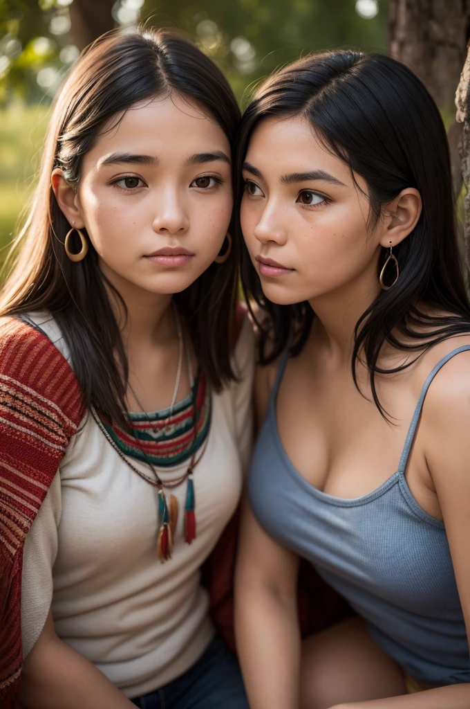 two girls telling each other secrets, and an indigenous woman listening in secret