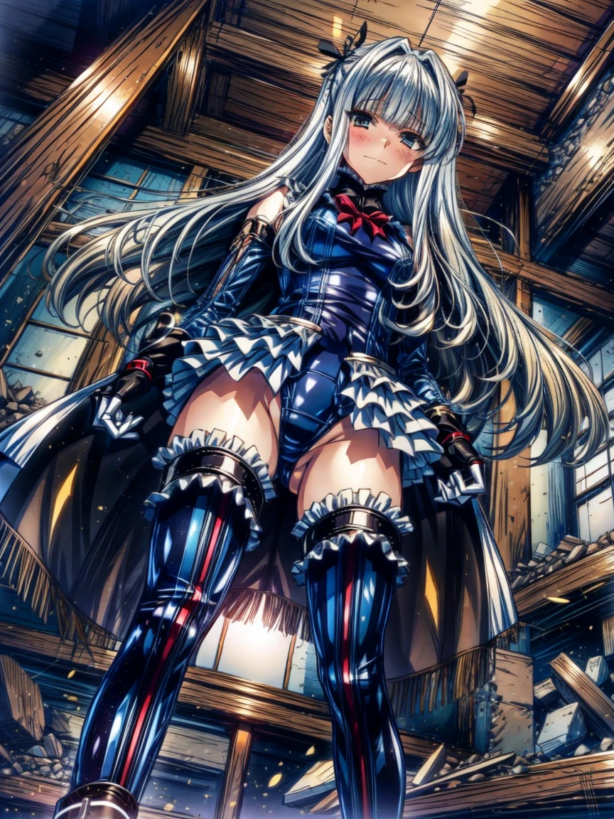 Perfect Anatomy, Highest quality, marirose,Wicked Smile,Provocative attitude
,(Four girls greet the dawn on a pile of rubble:1.1),(Emotionless,Expressionless:1.4),Anime Style,(Frilled swimsuit, Knee socks, Removed sleeve), (Anime Style:1.4) ,
Silver Hair,(White fingers:1.1,Black gloves),Very long hair,Evil Aura,(from directly below:1.4),full body