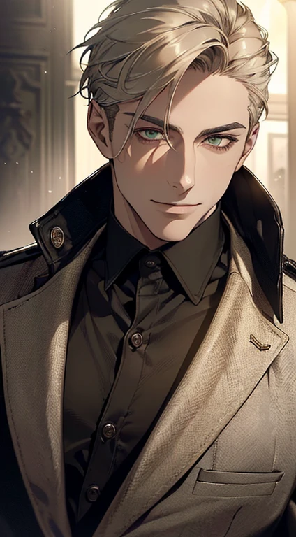 ((a mature man, very handsome, smile in love, short grey golden hair, green eyes, perfect face without errors)), ((buttoning the jacket, CEO)), (best quality, masterpiece, 8K, photorealistic, cinematic lighting, hdr image, ultra detailed, beautiful image), (portrait, detailed facial features, intricate textures, realistic skin tones, highly detailed, ultra-realistic), (warm lighting, soft shadows, dramatic lighting), (muted color palette, rich tones), (professional photography, high resolution, studio lighting)