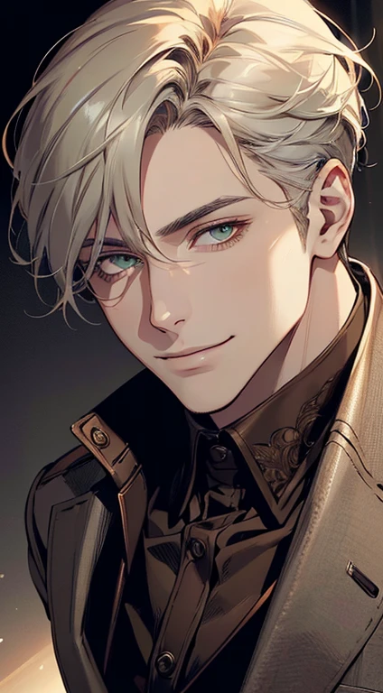 ((a mature man, very handsome, smile in love, short grey golden hair, green eyes, perfect face without errors)), ((buttoning the jacket, CEO)), (best quality, masterpiece, 8K, photorealistic, cinematic lighting, hdr image, ultra detailed, beautiful image), (portrait, detailed facial features, intricate textures, realistic skin tones, highly detailed, ultra-realistic), (warm lighting, soft shadows, dramatic lighting), (muted color palette, rich tones), (professional photography, high resolution, studio lighting)