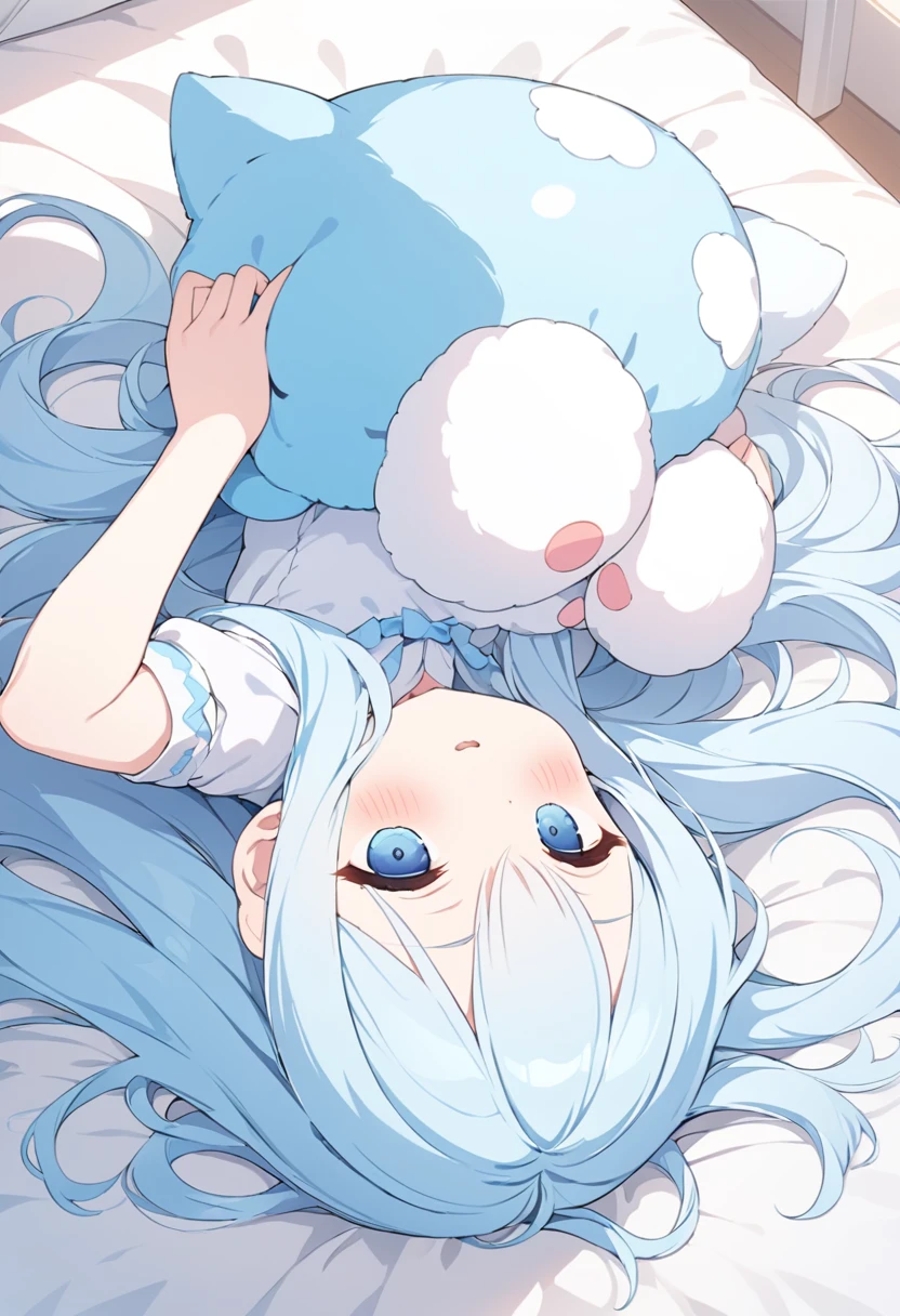 solo,, masterpiece, best quality, extremely detailed, (illustration, official art:1.1), 1 girl ,(((( light blue long hair)))), ,(((( light blue long hair)))),light blue hair, , long hair ((blush)) , cute face, big eyes,One girl, fluffy、Loose、A heartwarming world、masterpiece, Highest quality,Super detailed, One girl, From above,Little,,Sleep,,Animal costumes,Sleeping on the bed、pastel colour、cute、
