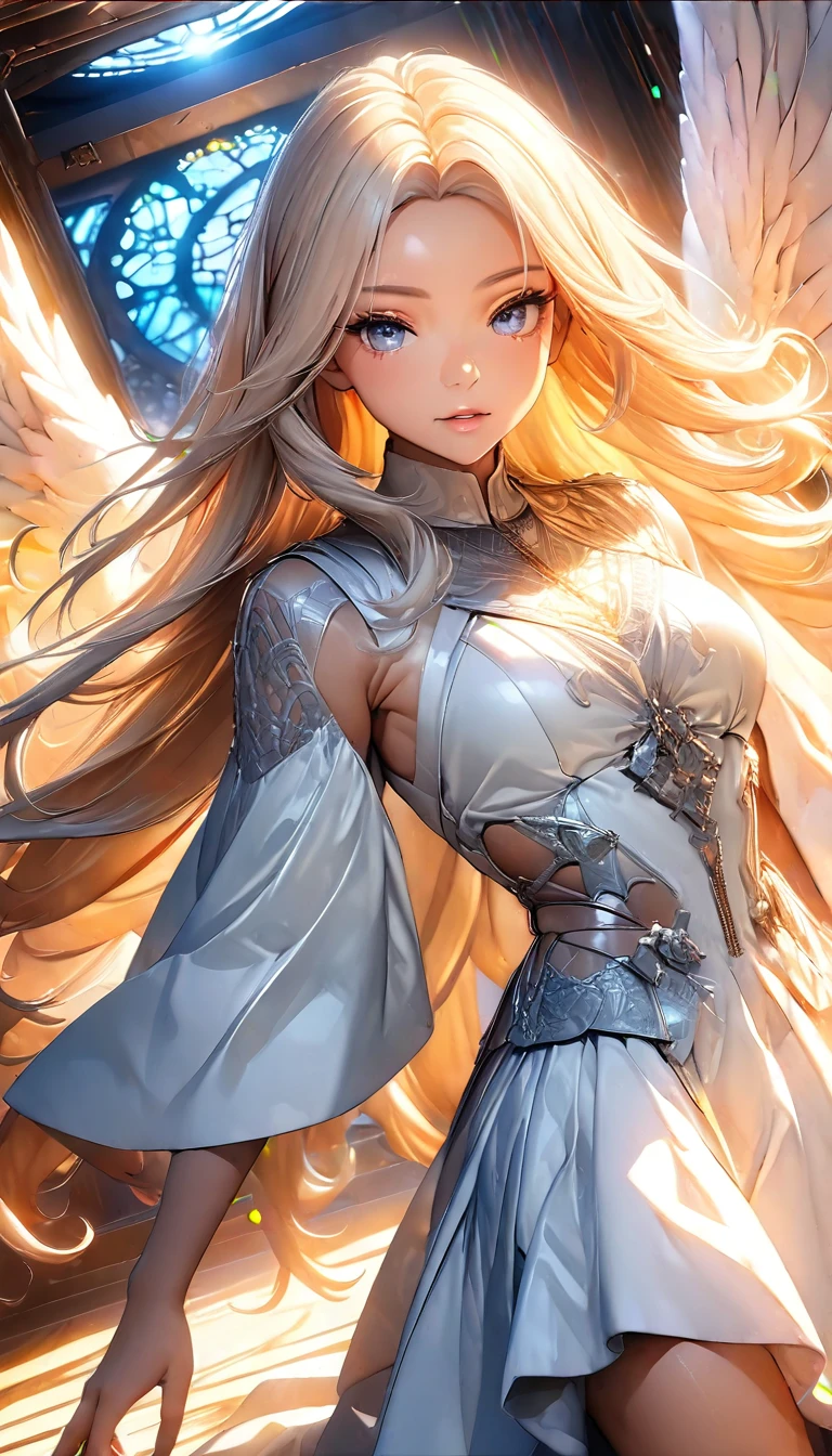 ((Beautiful angel:1.2, Angel Wings:1.2)), Beautiful appearance, Curvaceous woman, Long Hair, Shiny Hair, Beautiful Skin, Eye details, Eyes that hold light, Detailed face and eyes, Glossy Lips, Glorious Spirit, White sheer outfit, god々Wearing a bright light, Light pouring down, Stained Glass and Fine Carvings Background, Delicate and beautiful CG art, (Dynamic Angle, Dynamic Lighting), (Highest quality:1.2, 4K, 8K, Very detailed, High detail, masterpiece:1.2, Best aesthetics),